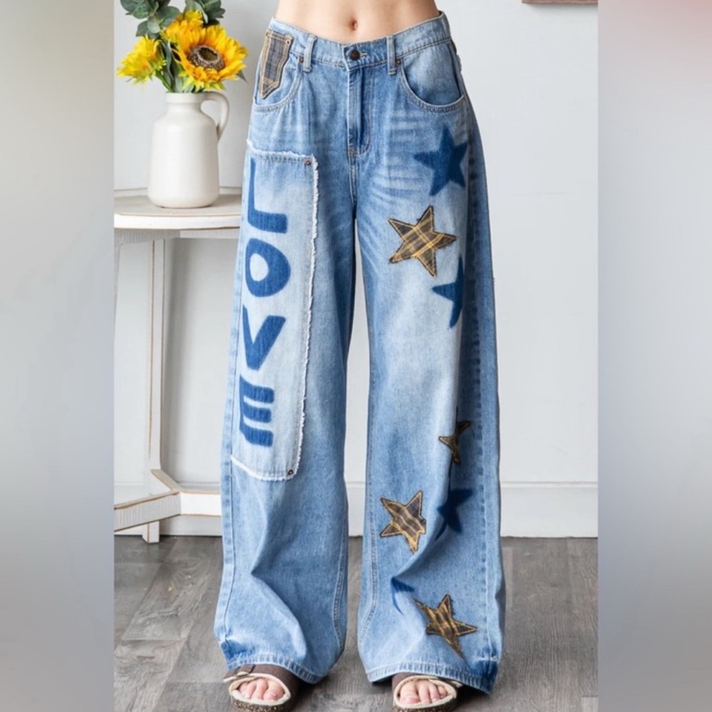 Oli & Hali Love + Stars Patchwork Baggy Jeans | Distressed Denim Pants - Picture 4 of 10